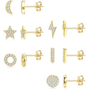Meimie-6 Paires Acier Inoxydable Boucle D'oreille Pour Femme Petite Cz Géométrique Bar Lune Étoile Clous D'oreilles Hypoallergéniques Cartilage Tragus Boucles D'oreilles Or/Argent/Or Rose - Neuf