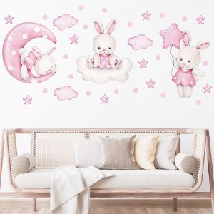 Lapins Avec Ballons Rose ¿Stickers Muraux Personnalisés Stickers Aquarelle Animaux Avec Nom Sticker Muraux Pour Chambre D'enfant Chambre De Bébé Salle De Jeux Fille - Neuf