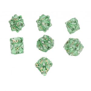Lot de 7 des polyedriques creux en cuivre, motif tete de mort, accessoires pour jeux de societe, argent et vert - Neuf