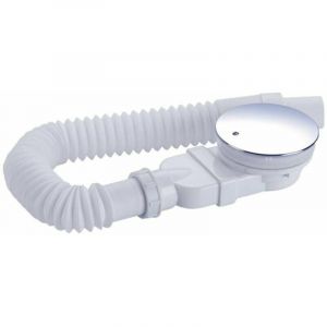 Caniveau de douche 90 mm, extra plat, trou d'évacuation pour receveur de douche, siphon avec système anti-odeurs, filtre à cheveux, flexible, couvercle chromé, blanc, une pièce - Neuf