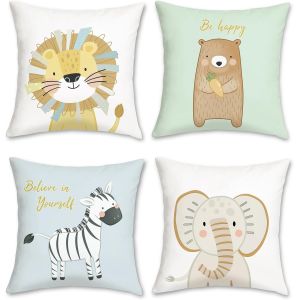 Cauc-Housse De Coussin Animaux 45 X 45 Cm Lion Ours Z&egrave;bre El&eacute;phant Velours Doux D&eacute;coratif Taie D'oreiller Pour Canap&eacute; Salon Chambre Chaise Jardin Maison D&eacute;coration 4 Pi&egrave;ces - Neuf