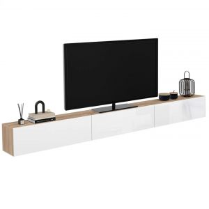 Meuble TV 300 cm suspendu ELIO 3 portes bois et blanc - Neuf