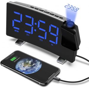 VORRINC Radio Réveil à Projection, Réveil Projection Plafond 180°, Horloge Numérique FM USB avec Double Alarmes, Snooze, Minuteur de Mise en Veille, 12/24h, Grand écran LED avec Gradateur (Bleu) - Neuf
