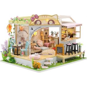 Maison de poupée en bois à monter soi-même, jardin de café avec chatons, meubles de maison, pièce créative à l'échelle 1:24, cadeau de Saint-Valentin. Décoration de bureau - Neuf