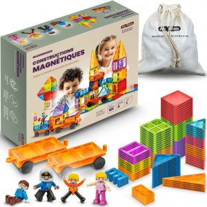 Jeu construction magn&eacute;tique - 101 tuiles magn&eacute;tiques dont 2 voitures- 4 personnages - sac de rangement - jouet &eacute;ducatif aimant&eacute; id&eacute;al - puzzle 3D - enfants - bloc cr&eacute;atifs STEM - Neuf