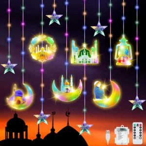 Kal-3m 114led Ramadan Light,Led Ramadan Light Star Moon Light Chain,8 Modes De Clignotement Et Télécommand,Avec Minuterie,Batterie/Usb Alimentation Lumières Féériques,Lune Rideau Lumineux Ramadan - Neuf