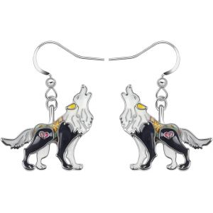 Kal-Boucles D'oreilles Loup Rugissant Pendantes En Alliage De Zinc Émaillé Pour Femme Fille Cadeaux Loup - Neuf