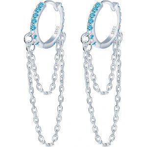 Kal-Petites Boucles D'oreilles Créoles Avec Chaine Argent 925 Boucles D'oreilles Femme Créoles Zircone Cubique Longues Boucles D'oreilles Pendantes - Neuf