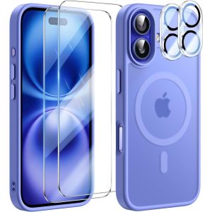 5 In 1 Coque Pour Iphone 16 Avec 2 Verres Tremp&eacute;s Et 2 Cam&eacute;ra Protecteur, Compatible Magsafe Dos Anti Rayures Coque Magn&eacute;tique Antichoc Tpu Bumper 6,1`` Case, Outremer - Neuf