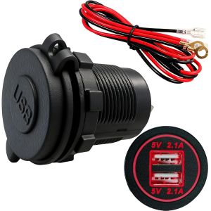 JGD-Prise de Chargeur USB, Double 5V/2,1A USB Rouge &eacute;tanche 12Vprise Courant, Chargeur de Voiture avec fusible de 60 cm, Convient pour Voitures, Yachts 12V/24V (1 pi&egrave;ce) - Neuf