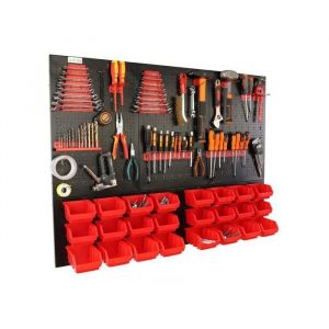 botle&reg; Panneau perfor&eacute; m&eacute;tallique, bacs empilables + &eacute;tag&egrave;re murale + porte-outils, lot de 51 pi&egrave;ces, 24 bacs rouges de 2 tailles - Neuf