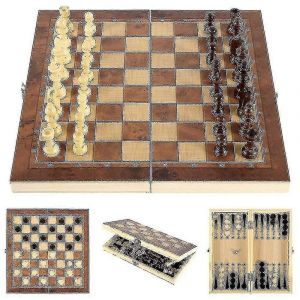 Jeu D'échecs Pliable 3 En 1 En Bois - Échiquier Portable 24 X 24 Cm Pour Échecs, Dames Et Backgammon - Neuf