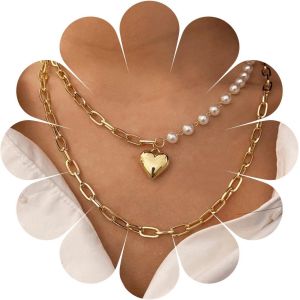 Kal-Boho Layered Pearl Choker Collier Cha&icirc;ne Vintage Or Pendentif Coeur Cubain Cha&icirc;ne Collier Rock Perle Coeur Collier Asym&eacute;trique Perle Strand Collier Bijoux Pour Femmes Et Filles (Or) - Neuf