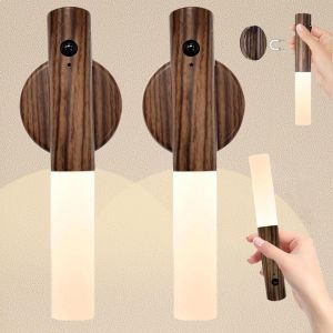 Eryi-2 Pack Lumiere Murale Sans Fil Magnetique, Veilleuse Led Rechargeable Murale Usb, Applique Murale Intérieure Detecteur De Mouvement, Veilleuse Magnétique Pour Escalier Chambre Couloir (Noyer Noi - Neuf