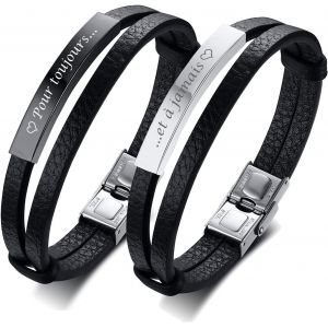 Kal-Bracelet Couple Amoureux Personnalisé En Cuir Noir Réglable -2 Pièces Avec Gravure Texte Romantique -Cadeau Saint Valentin, Noël, Mariage - Neuf