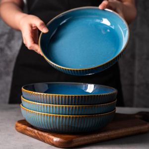 Assiette Creuse En C&eacute;ramique Bleue Avec Lignes Dor&eacute;es - Neuf