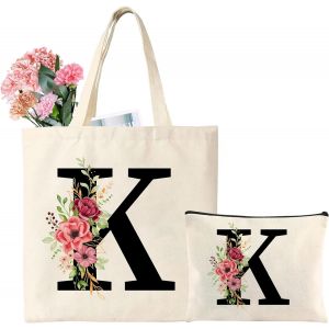 Sjzg-Sac Fourre-Tout En Toile Avec Initiale, Sac Cadeau Personnalis&eacute; Avec Trousse De Maquillage Florale, Adapt&eacute; Pour Mariage, Anniversaire, Plage, Vacances, Excellent Cadeau Pour Femme, Maman - Neuf