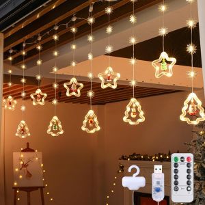 KAL-Éclairage De Noël Led Pour Fenêtre, 3 M, Décoration De Noël, Étoiles, Rideau Lumineux, 8 Modes, Usb, Guirlande Lumineuse Suspendue Flocons De Neige, Décoration Intérieure, Pour Décoration De - Neuf