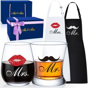 Ensemble De Verres À Whisky Mr & Mrs Appron Et Vin,Cadeaux De Fiançailles Pour Couples,Cadeau D'anniversaire Pour Les Jeunes Mariés,Cadeau De Fête Prénuptiale,Coffret Cadeau De Verre - Neuf