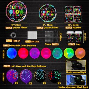 Lot De 162 Pi&egrave;ces De Vaisselle De F&ecirc;te Lumineuses - Accessoires Lumineux - D&eacute;coration D'anniversaire N&eacute;on - Avec Plaques,Banni&egrave;res,Ballons,Serviettes De Table,Nappes &Agrave; Th&egrave;me N&eacute;on - Accessoires De - Neuf
