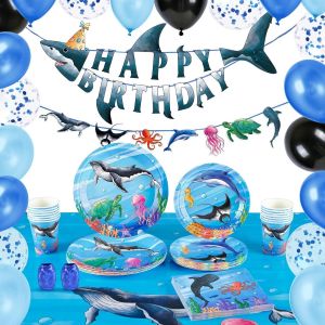 Letnerny-Fournitures De F&ecirc;te Oc&eacute;anique &iquest; 88 Pi&egrave;ces Sous La Mer D&eacute;corations De F&ecirc;te Animaux De L'oc&eacute;an Vaisselle, Serviettes, Nappes, Requins, Banni&egrave;res, Ballons Pour Gar&ccedil;ons, Enfants, Service - Neuf