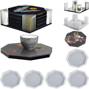 Lot De 5 Sous-Verres En Silicone En R&eacute;sine &Eacute;poxy Avec Support De Dessous-De-Verre - Dessous De Verre - Moules En Silicone - Neuf