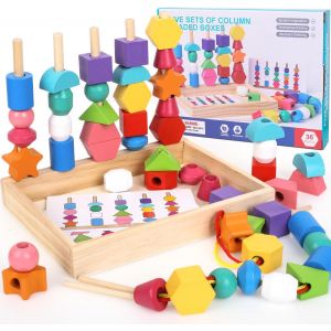 ChenQuanSarl-3 En 1 Jouets De Perles De Laçage En Bois, Empilable Y Enfiler Jouet, Jeux Montessori 2 3 4 Ans Jouets De Tri, Jeu D'Empilage Pour Enfants - Jouet De Motricité Pour Garçons Et Filles - Neuf