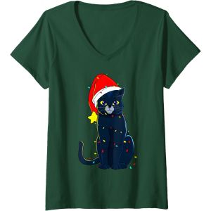 Femme Chat Noir Arbre De No&euml;l Lumi&egrave;res Vacances Chats Amant Cadeau T-Shirt Avec Col En V - Neuf