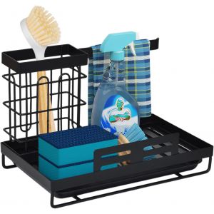 Organiseur D'évier Multifonction En Acier Au Carbone,Porte-Éponge Avec Vidange,Support Drainant Avec Porte-Serviettes,Rangement Pratique Pour Brosse,Savon Et Accessoires,Gain De Place (Noir) - Neuf