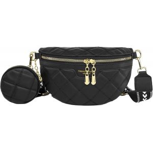 SJZG-Sac Banane &Eacute;l&eacute;gant Pour Femme - Sangle Large En Cuir - Poche Poitrine Pour Femme - Noir - Avec 2 Largeurs Interchangeables Et Larges Bretelles - Neuf