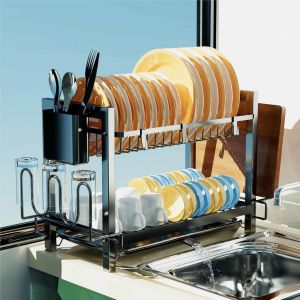 Eryi-Égouttoir À Vaisselle Cuisine À 2 Niveaux, Grande Capacité, Avec Support De Planche À Découper, 3 Crochets, Sur Evier, Avec Bac Récupération Amovible Et Crochets Pour Tasses Noir - Neuf