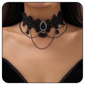Collier Ras Du Cou Gothique En Dentelle, Pendentif En Strass Noir, Collier Ras Du Cou Ajour&eacute; Pour Femme, Dentelle - Neuf