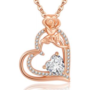Collier Femme Argent 925 Collier Or Rose Coeur Fleur Pierre De Naissance Pendentif Bijoux Femme Idee Cadeau Anniversaire Fete Des Meres Noel Saint Valentin Cadeau Maman Fille Amie - Neuf