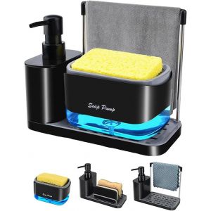 ERYI-Distributeur De Savon 2 En 1,Distributeur De Détergent Et Organisateur D'Évier Avec Plateau Antidérapant,Support Pour Chiffons Et Porte-Éponge,Idéal Pour Se Laver Les Mains Et La Vaisselle - Neuf