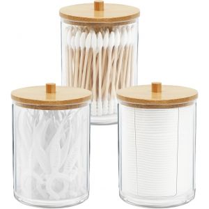 Dww-Lot De 3 Boîte De Rangement En Acrylique Avec Couvercles En Bambou Pour Salle De Bain, Boîtes De Salle De Bain, Distributeurs De Boules De Coton Pour Cotons-Tiges (Transparent A) - Neuf