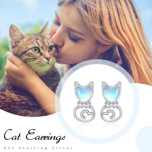 Boucles D'oreilles Chat En Argent Sterling 925 Avec Pierre De Lune Pour Animaux De Compagnie, Boucles D'oreilles Chat Bijoux Cadeaux Pour Femmes, Filles Et Enfants, Argent Sterling[Bou9242650] - Neuf