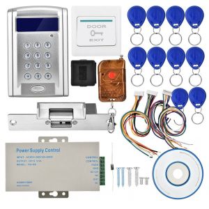 Kit de controle d'acces de porte RFID 008ID avec telecommande sans verrouillage, bouton de sortie et 10 porte-cles - Neuf