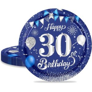 16 Pièces Assiette Pour Fête Anniversaire 30 Ans,9 Pouces/23cm Bleu Argent Papier Assiette Dessert Plateau Vaisselle Pour Décoration Anniversaire 30 Ans Homme Femme - Neuf