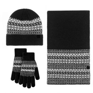 3 Pièces/Ensemble Hiver Chapeau Écharpe Gants Ensemble Flocons De Neige Motif Géométrique Bonnet Chapeau Longue Écharpe Thermique Tricot Coupe-Vent Gants Ensemble-Noir - Neuf