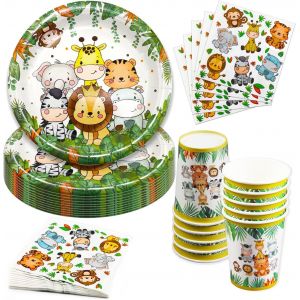 Sjzg-Lot De 40 Vaisselle De Fête Au Thème Animaux De La Jungle - Décoration De Fête D'anniversaire - Avec Assiettes En Carton - Gobelets Et Serviettes - Pour 10 Invités - Neuf