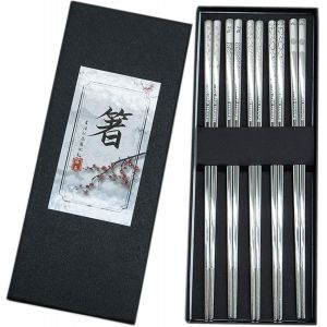 Kalanka-Baguettes Inoxydable 5 Paires, R&eacute;utilisables Argent&eacute;es, Chinoise Japonaises Cor&eacute;en M&eacute;tal Enfant Apprendre Sushi Cadeau Luxe Peut &Ecirc;tre R&eacute;utilis&eacute; Baguettes En Le Restaurant Bois Alliage Titane - Neuf