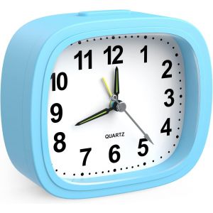 KAL-Mini Réveil Analogique Silencieux Sans Tic-Tac - Réveil Avec Fonction Snooze - Veilleuse - Fonctionne Avec Piles - Réveil Portable Pour Chambre À Coucher, Salon, Bureau, Voyage - Bleu - Neuf