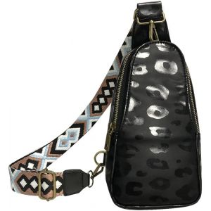 Sac bandoulière tendance pour femme, motif jacquard brodé, style bohème, en cuir PU, pour les sorties quotidiennes, noir et léopard - Neuf