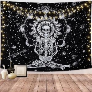 (Crâne, M / 148x200cm) Tapisserie murale crâne méditation squelette tapisseries lune éclipse tenture murale noir et blanc ciel étoilé tapisserie pour salon chambre - Neuf