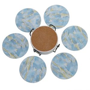 Dessous De Verre Rond En Marbre Bleu Avec Impression Numérique Uv, Lot De 6 Dessous De Verre Avec Support, Pour La Maison, Le Café, Le Bar, Antidérapant Et Absorbant. - Neuf