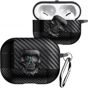 Coque AirPods Pro 2 en Fibre de Carbone &Eacute;tui de Protection 3D T&ecirc;te de Mort Mal&eacute;fique avec Mousqueton Housse Antichoc Cover Compatible avec AirPods Pro 2.Skull Black - Neuf