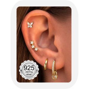 4 Paires Boucles D'oreilles Femme Argent 925 Plaquée Or 14k Créoles Argent Boucles D'oreilles Zircon Piercing Oreille Cartilage Boucles D'oreilles Femme Or Pour Piercings Multiples.[X1654] - Neuf