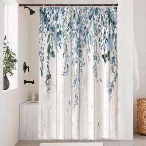 KAL-Rideau Douche Bleu, Rideau De Douche Anti Moisissure 120X180Cm Feuilles D'Eucalyptus Planche De Bois Rideaux De Baignoire Tissu Lavable Imperméable Rideaux Salle De Bain Avec 8 Crochets - Neuf