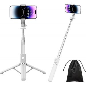 CAI-Perche Selfie,4 En 1 Perche Selfie Trépied Renforcé Et Stable Tige Télescopique,130Cm Selfie Stick Trépied Monopode Réglable Compatible Avec Iphone,Android,Gopro,Camera,Blanc - Neuf