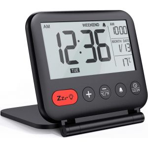 Fishtec Réveil de Voyage Mini Horloge Numérique LCD Portable avec Calendrier Rétroéclairé 12/24H - Fonction Température - Miroir - Petite Horloge de Bureau Pliable à Piles - Couleur Noir - Neuf